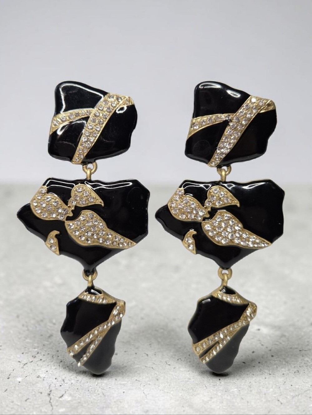 18k Gold Plated Oversized Onyx Enamel Pave Zircon Crystal Dangle Earrings